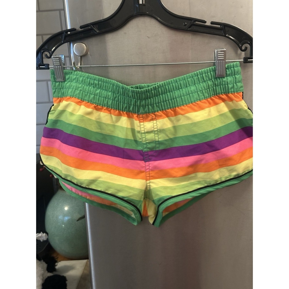VTG OP Ocean Pacific Rainbow Striped Micro Mini Board Surf Shorts SzM 7-9 Y2K